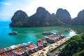 Pier surrounded by limestone karst of Ha Long Bay in Quang Ninh Province, northeast Vietnam