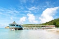 Pier in turquoise water on blue sky background. Sea beach with wooden shelter on sunny day in antigua. Summer vacation on caribbea Royalty Free Stock Photo