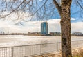 Pier and walkway by riverside. Sunny spring day in beautiful riverpark in New Westminster BC. Beautiful spring landscape