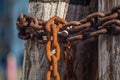 Pier wooden poles tightened together by rusty chains on canal in Venice, Italy Royalty Free Stock Photo