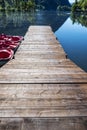 Pier and wooden walkway on a lake, Lleida, Catalonia, Spain