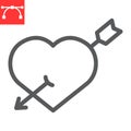 Pierced heart with arrow line icon, valentines day and love, heart with arrow sign vector graphics, editable stroke