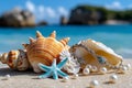 Piercing in a beach setting with natural elements, captured in a photo where piercings are adorned with seashells, pearls, and