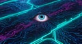 Intense blue eye watches over glowing neon circuits, symbolizing surveillance and digital connection Royalty Free Stock Photo