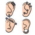 Piercing in ears. Set of different types earrings