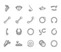 Piercing flat line icons set. Body jewelry, nose hoop, ear ring, tongue labret, tunnels, microdermal vector Royalty Free Stock Photo