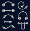 Piercing realistic. Specific jewelry set silver face decoration metallic or chrome items for ear nose decent vector 3d Royalty Free Stock Photo