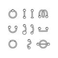 Piercing, set of different earring. Linear icon of barbell, ring, surface bar, labret stud, nipple shield, twister. Black simple Royalty Free Stock Photo