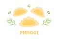 Pierogi, filled dumplings with dill and green onion cute cartoon style vector illustration, icons for food design