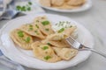 Pierogi ruskie, Baked dumplings stuffed with curd cheese and potatoes Royalty Free Stock Photo