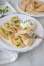 Pierogi ruskie, Baked dumplings stuffed with curd cheese and potatoes Royalty Free Stock Photo