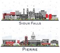 Pierre and Sioux Falls South Dakota City Skyline Set with Color Buildings