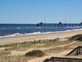 Piers fence Seaoats Seagulls ocean beach fence ocean water salt life Royalty Free Stock Photo