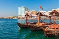 Piers of traditional water taxi boats in Dubai, UAE. Panoramic view on Creek gulf and Deira area. Famous tourist destination Royalty Free Stock Photo