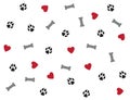 Seamless background with hearts, bone and dog paw mark. Black, red, grey and white vector illustration. Pattern for fabric,pajamas Royalty Free Stock Photo