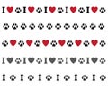 Seamless border with hearts, bone and dog paw mark. Black, red, grey and white vector illustration. Pattern bbackground. Royalty Free Stock Photo
