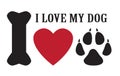 Dog track - animal footprint, Black and white vector illustration. I love my dog. A rebus concept for dog lovers. Sticker, banner,
