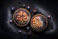 pies with purple plum baked in thin tartlet shells on dark background