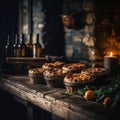 Pies On Stone In Rustic Pub. Generative AI Royalty Free Stock Photo