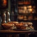 Pies On Stone In Rustic Pub. Generative AI Royalty Free Stock Photo