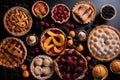 pies and tarts in various shapes and sizes, with fruit filling