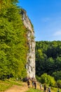 Pieskowa Skala, Poland - Monumental limestone rock Cudgel or Bludgeon of Hercules - Maczuga Herkulesa - in the Ojcowski National Royalty Free Stock Photo