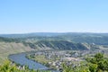 Piesport, Germany - 06 01 2021: wide Mosel valley near Piesport with rough forest mountains Royalty Free Stock Photo