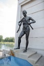 Piestany, Slovakia - July 23rd, 2019: Crutch breaker statue in an entrance to The Colonnade bridge in centre of town. Famous spa.