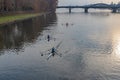 Young sportsmen rowing in single boats on a river.