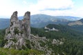 Pietrele Doamnei from Rarau mountains with Rarau hotel, Romania. Royalty Free Stock Photo