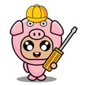 Pig animal mascot costume holding a screwdriver