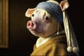 Pig Animal with a Pearl Earring in Johannes Vermeer style illustration generative ai