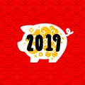 Pig as chinese new year 2019 zodiac sign with traditional asian golden design elements on red seamless background Royalty Free Stock Photo