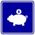 Pig bank with coin vector blue sign Royalty Free Stock Photo