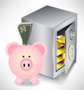 Pig bank with money and safe with gold