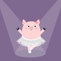 Pig bellerina dancing illuminated by spotlights. Piggy piglet ballet dancer dressed in white skirt. Pointe, tutu dress. Cute carto