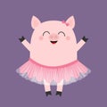 Pig bellerina. Piggy piglet ballet dancer dressed in pink skirt. Tutu dress. Cute cartoon funny baby kids character. Smiling face.