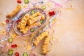 Pig in blanket, long sausages wrapped in yeast dough - traditional carnival, Fasching and party food Royalty Free Stock Photo