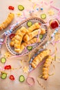 Pig in blanket, long sausages wrapped in yeast dough - traditional carnival, Fasching and party food Royalty Free Stock Photo