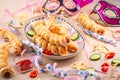 Pig in blanket, long sausages wrapped in yeast dough - traditional carnival, Fasching and party food Royalty Free Stock Photo