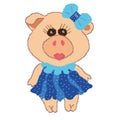 Pig in a blue dress with white polka dots with a bow, painted in squares, pixels. Vector illustration