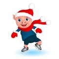 Pig boy in santa costume. Cartoon funny Christmas piggy skating on rink greeting card. Royalty Free Stock Photo