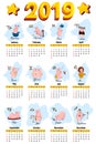 Pig calendar for 2019. Cute month calendar with horoscope signs. Week starts on sunday. Vector illustration in cartoon style. Royalty Free Stock Photo