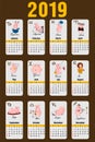 Pig calendar for 2019. Cute month calendar with horoscope signs. Week starts on sunday. Vector illustration in cartoon style. Royalty Free Stock Photo