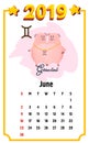 Pig calendar for June 2019. Cute month calendar with horoscope sign gemini. Week starts on sunday. Vector illustration in cartoon Royalty Free Stock Photo