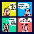 Pig cards set. Funny pigs with candy canes, gifts and santa hats. 2019 Chinese New Year symbol. Doodle style characters Royalty Free Stock Photo