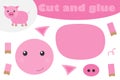 Pig in cartoon style, education game for the development of preschool children, use scissors and glue to create the applique, cut