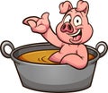 Cartoon pig bathing in a big casserole.
