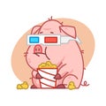 Pig character in 3d glasses eating popcorn