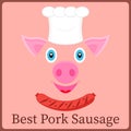 Pig chef with cook hat and sausage grill. Best pork sausage. Cartoon character. Vector illustration.